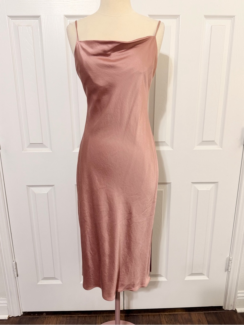 Express Satin Cowl Midi Dress in Dusty Rose